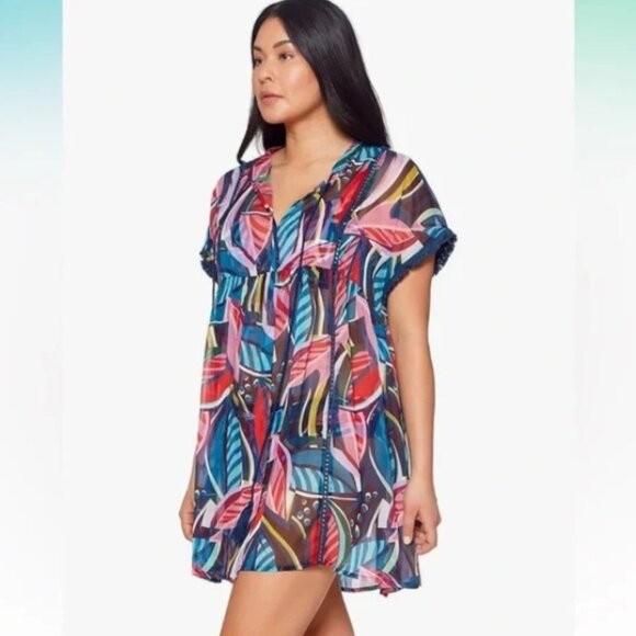 Bleu Rod Beattie NWT Women's Blue/Red Chiffon Feather Swim Coverup, Size Large - Picture 2 of 9